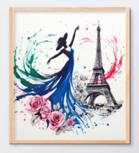 The Eiffel Elegance: Lady in Blue and Red Rose Splendor